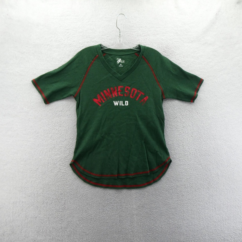 G-III 4Her Shirt Womens Medium Minnesota Wild Green V-Neck Waffle‎ Knit NHL Fan